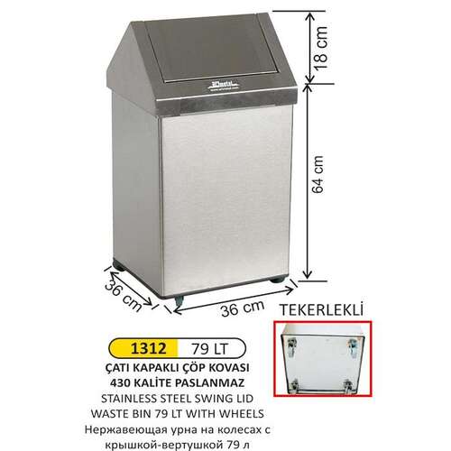 Arı Metal 1312 Çatı Kapaklı Çöp Kovası Tekerlekli Paslanmaz 79 Litre