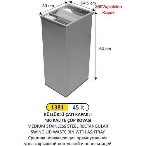 Arı Metal 1381 Dikdörtgen Çatı Kapaklı Küllüklü Çöp Kovası Paslanmaz 45 Litre